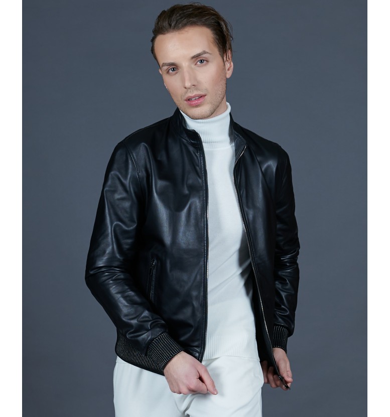 Buy EMPORIO ARMANI Regular Fit Leather Bomber Jacket, Black Color Men